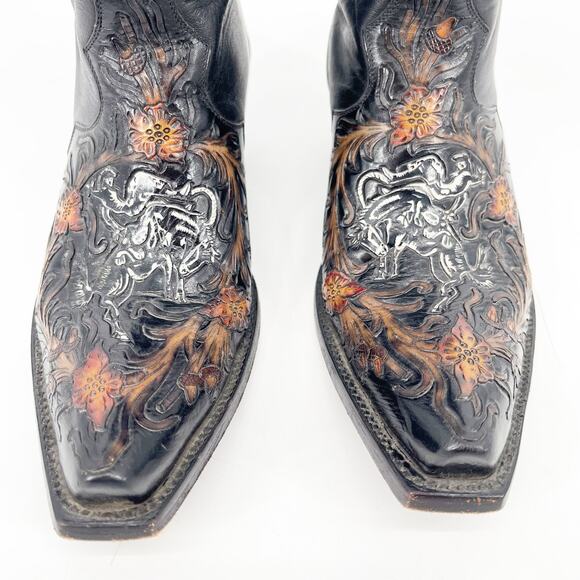Liberty Boot Co. Vintage Women’s 7 Black Bucking Bronco Tooled Snip Toe Boots - Picture 7 of 14